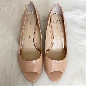 Jessica Simpson Nude Patent Peep-Toe Wedge Heels